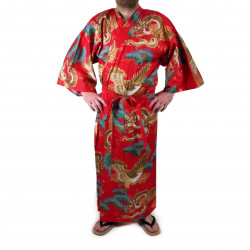 Kimono traditionnel japonais rouge en coton motif dragon et aigle pour homme, KIMONO RYU TO WASHI