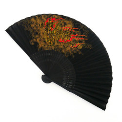 Éventail japonais noir en polyester et bambou motif dragon, RYU, 22cm