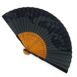 Éventail japonais bleu foncé en coton et bambou motif vague, SEIGAIHA, 22cm