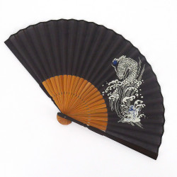 Éventail japonais noir en polyester et bambou motif dragon, TOURYUMON, 22.5cm