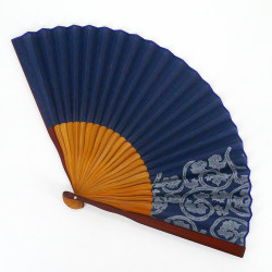 Éventail japonais bleu en polyester et bambou motif gris, AOGURE, 25.5cm