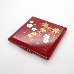 Japanese red pocket mirror in resin with autumnal motif, SYUNJU