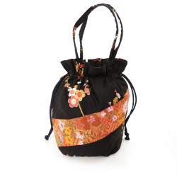Black traditional Japanese style kimono bag in polyester cotton, POUCH, random patterns
