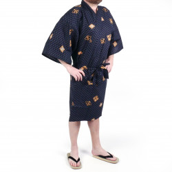 Kimono happi traditionnel japonais noir en coton motifs diamant et kanji pour homme, HAPPI DIAMOND