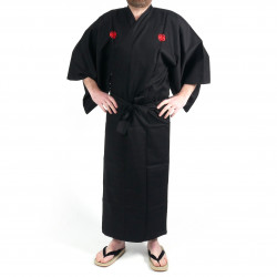 Kimono shantung traditionnel japonais noir en coton kanji "samuraï" en or pour homme, SHANTUNG KIN SAMURAI 
