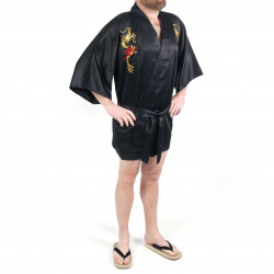 Japanese traditional black cotton shantung hanten kimono, RYU Dragon, for men