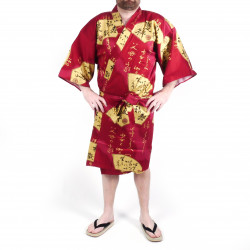 Kimono happi traditionnel japonais rouge en coton satiné motif éventails doré pour homme, HAPPI SENSU
