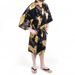 Kimono happi traditionnel japonais noir en coton satiné motif éventails doré pour homme, HAPPI SENSU