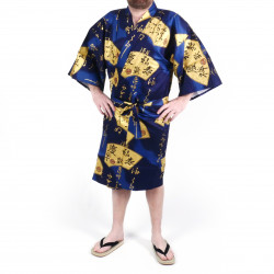 Kimono happi traditionnel japonais bleu en coton satiné motif éventails doré pour homme, HAPPI SENSU