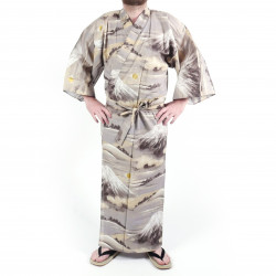 Kimono yukata traditionnel japonais gris en coton motif mont fuji pour homme, YUKATA FUJI
