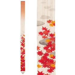 Fine tapisserie japonaise en chanvre rouge et orange peinte à la main motif Feuilles d'automne, MOMIJIGARI, 10x170cm