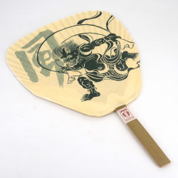 Éventail japonais non pliant uchiwa en papier et bamboo motif dieu du vent et de la foudre, FUJIN RAIJIN, 41.5cm