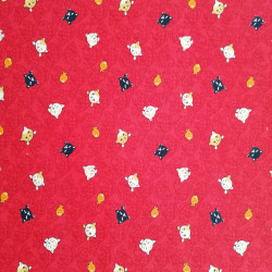 Tessuto di cotone rosso giapponese, motivi NEKO Doku e pesci
