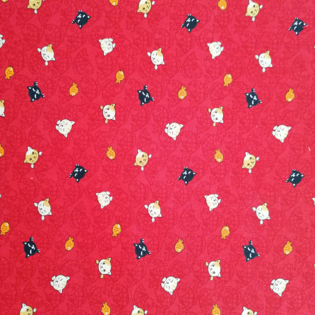 tissu rouge japonais en coton, motifs NEKO Doku chat et poisson