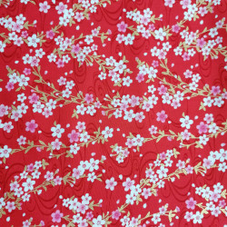 Tessuto di cotone rosso giapponese, motivi sakura, fiori di ciliegio