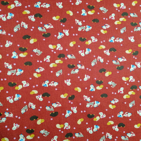 Tessuto giapponese in cotone rosso con motivo di gatti, NEKO, realizzato in Giappone larghezza 112 cm x 1m