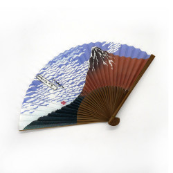 Éventail japonais en papier et bamboo motif mont Fuji Hokusai, AKAFUJI, 22cm