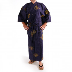 Kimono yukata traditionnel japonais bleu et or en coton motif diamants dorés pour homme, YUKATA GOLD DIAMOND