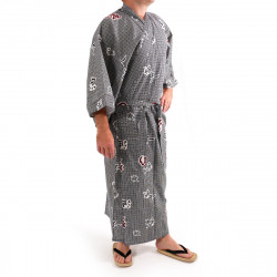 Kimono yukata traditionnel japonais bleu gris et rouge en coton motif kanji "taboo insouciant" pour homme, YUKATA NONKINA TABU 