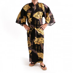 Kimono traditionnel japonais noir en coton satiné motif éventails doré pour homme, KIMONO SENSU