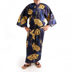 Kimono traditionnel japonais bleu en coton satiné motif éventails doré pour homme, KIMONO SENSU