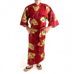 Kimono traditionnel japonais rouge en coton satiné motif éventails doré pour homme, KIMONO SENSU