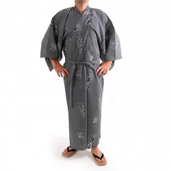 Japanese traditional blue grey cotton yukata kimono joyous and good omen kanji for men