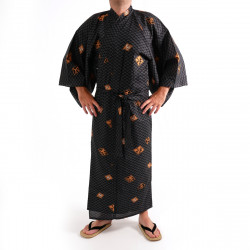 Kimono yukata traditionnel japonais noir en coton motifs diamant et kanji pour homme, YUKATA DIAMOND
