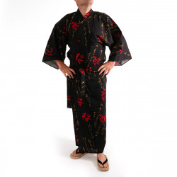 Kimono yukata traditionnel japonais noir rouge et or en coton motif kanji dansants pour homme, YUKATA ODORU KANJI