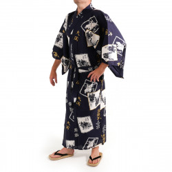 Kimono yukata traditionnel japonais bleu en coton motif lutteur sumo pour homme, YUKATA SUMO