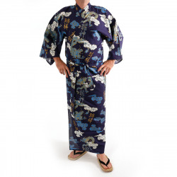 Kimono yukata traditionnel japonais bleu et or en coton motif dragon et nuages pour homme, YUKATA RYU TO KUMO