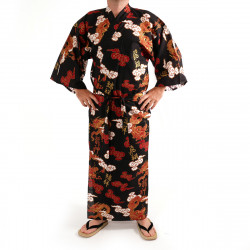 Kimono yukata traditionnel japonais noir rouge et or en coton motif dragon et nuages pour homme, YUKATA RYU TO KUMO
