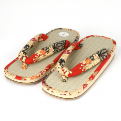 pair of Japanese sandals - Zori straw goza, NAOMI, red