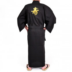 Kimono giapponese nero in cotone fine, CHÔJU,  Kanji longevità