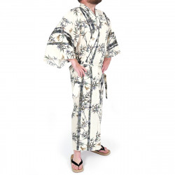 Kimono yukata traditionnel japonais beige en coton motif bambou et moineau pour homme, YUKATA TAKE TO SUZUME
