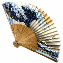 Éventail japonais en soie et bamboo motif vague Hokusai, NAMIFUJI, 21cm