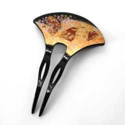 Japanese hair stick in black resin with fans and trolley pattern, KYOUMIYABI, 13.2cm