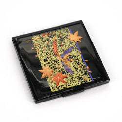 Japanese black square pocket mirror in resin with bird and maple leaves, SHUNJUTORI, 7cm