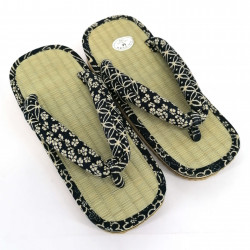 paire de sandales japonaises - Zori paille goza pour homme, FLOWER 027, bleu