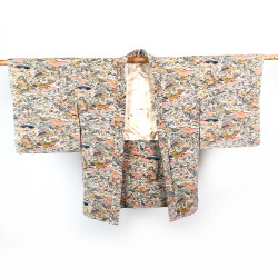 Vintage Japanese haori in beige, pink and blue with flowers and mountains, YAMA