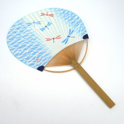 Japanese non-folding uchiwa fan in paper and bamboo with red and blue Dragonfly pattern, TONBO AKA TO AO, 38x24.5 cm